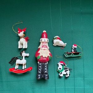 6 piece Christmas lot, 5 animal ornaments and 1 hand carved Santa